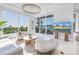 Bright living room with waterfront views, modern lighting, and comfortable seating at 3935 N Shell Rd, Sarasota, FL 34242