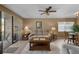 Cozy living room with neutral tones, ceiling fan and lots of natural light coming through large sliding glass doors at 4330 47Th W Ave # 104, Bradenton, FL 34210
