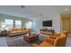 Carpeted living room with large windows, sofa, chairs, television, and coffee table at 12534 Nantahala Run Run, Parrish, FL 34219