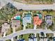 Aerial view of multiple houses, showcasing their pools, landscaping, and neighborhood layout from an overhead perspective at 6105 55Th Avenue E Cir, Bradenton, FL 34203