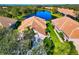 Aerial view showcasing homes with tile roofs situated around a tranquil lake and mature trees at 8310 Tartan Fields Cir, Lakewood Ranch, FL 34202