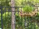 Backyard scene featuring a lovely bird feeder hanging from a fence alongside lush greenery and a woodpecker at 16117 59Th E Ct, Parrish, FL 34219