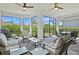 Screened lanai with two ceiling fans, an outdoor dining set, comfortable seating, and lush backyard views at 2720 Butterfly Jasmine Trl, Sarasota, FL 34240