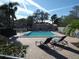 Community pool surrounded by brick pavers, palm trees, and lounge chairs at 4555 Bay Club Dr # 22, Bradenton, FL 34210