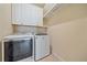 Laundry room featuring modern washer and dryer units with white cabinetry and shelving at 6857 Wild Lake Ter, Bradenton, FL 34212