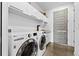 Modern laundry room with white cabinetry, countertop space, stainless steel appliances, sink, and gray door at 2305 Pine Ter, Sarasota, FL 34231