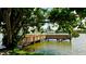Scenic waterfront view featuring a wooden dock extending into the lake, framed by lush greenery and trees at 4133 Heron Way # E202, Bradenton, FL 34205