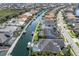 Stunning aerial view of waterfront homes with boat docks along a canal and lush landscaping, creating a beautiful neighborhood at 581 Mast Dr, Bradenton, FL 34208