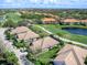 Overhead view of a home with well-maintained landscaping near a golf course and scenic pond at 7052 Woodmore Ter, Lakewood Ranch, FL 34202