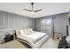 This main bedroom features stylish gray walls with crisp white trim detail and a contemporary ceiling fan at 7214 35Th E Ln, Sarasota, FL 34243