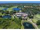 Aerial view of a lush golf course community, lakes, and grand clubhouse with parking at 7934 Royal Birkdale Cir, Lakewood Ranch, FL 34202