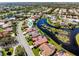 An aerial view of a neighborhood showcasing beautiful houses, landscaping and lake views at 4173 Hearthstone Dr, Sarasota, FL 34238