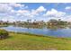Scenic backyard view of a lake surrounded by lush greenery and palm trees at 4173 Hearthstone Dr, Sarasota, FL 34238