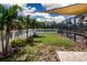 A fenced-in backyard with green lawn and landscaping, featuring a screened-in lanai with covered area at 5110 76Th E St, Bradenton, FL 34203