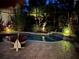 Illuminated pool at night with lush landscaping under a screen enclosure at 7762 Us Open Loop, Lakewood Ranch, FL 34202