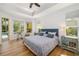 Airy bedroom with an exit to pool area, tray ceiling, wood floors, and stylish furnishings for relaxed living at 8122 Spring Marsh Dr, University Park, FL 34201