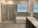 Well-lit bathroom showcasing walk-in shower, soaking tub, and modern vanity with granite counters at 13393 Golden Lime Ave, Spring Hill, FL 34609