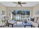 Cozy screened porch with comfortable seating and a view of palm trees and well-maintained landscaping at 137 Avenida Messina # 3, Sarasota, FL 34242