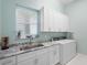 Well-lit laundry room featuring granite counters, stainless steel sink and modern white cabinetry at 4790 Pastel Ct, Sarasota, FL 34240