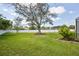 Expansive backyard with a large shade tree, vibrant green lawn, and white perimeter fence, perfect for outdoor activities and privacy at 4920 Breakwater Dr, Bradenton, FL 34203