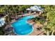 Aerial view of a community pool with a covered pavilion, surrounded by palm trees and lounge chairs at 5746 Hydrangea Cir, Sarasota, FL 34238