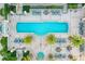 Aerial view of the community pool and sun deck, surrounded by lush landscaping and comfortable lounge chairs at 800 N Tamiami Trl # 1506, Sarasota, FL 34236