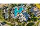 Overhead view of the community pool featuring a freeform design, ample seating, palm trees, and lush landscaping at 26800 Pavin Dr, Englewood, FL 34223
