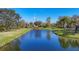 A calm, reflective pond surrounded by a lush green lawn and diverse trees, under a bright blue sky at 3715 80Th E Dr, Sarasota, FL 34243