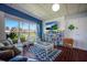 A living room with large windows, couch, rug, coffee table, a bookshelf, and a television at 5011 Live Oak Cir # 65, Bradenton, FL 34207