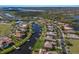 Aerial view of a neighborhood showcasing waterfront homes, private docks, and lush landscaping along a scenic canal at 11739 River Shores Trl, Parrish, FL 34219