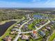 Aerial view showcases the property's location in a residential community with a pool at 12805 49Th E Ln, Parrish, FL 34219