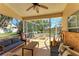 Covered patio with ceiling fan, furniture, and screens with yard in the background at 5103 73Rd E St, Bradenton, FL 34203