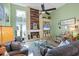 Comfortable living room featuring a fireplace, large windows, and cozy seating at 6900 Country Lakes Cir, Sarasota, FL 34243