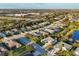 Community aerial view shows streetscape, mature trees, lakes, and nearby commercial and community properties at 4623 Claremont Park Dr, Lakewood Ranch, FL 34211