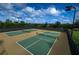 Outdoor pickleball courts with green and tan surfaces, surrounded by a black fence and greenery at 5031 Serata Dr, Bradenton, FL 34211