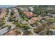 A detailed aerial shot of a charming neighborhood, featuring well-kept homes, lush landscaping, and mature shade trees at 8420 Sailing Loop, Lakewood Ranch, FL 34202