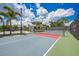 Active lifestyle with an outdoor Pickleball court surrounded by tropical palm trees and blue skies at 19912 Bridgetown Loop, Venice, FL 34293