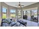 Well lit living room boasts tile floors and view to pool through sliding glass door at 110 167Th E Blvd, Bradenton, FL 34212