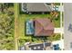 An aerial view of a private pool and backyard, situated near solar panels and a well-kept landscape at 8124 115Th E Ave, Parrish, FL 34219