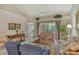 Bright living area with a ceiling fan, comfortable seating and sliding glass doors to the screened patio at 8951 Veranda Way # 621, Sarasota, FL 34238