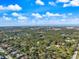 Wide aerial view of suburban community with homes among the trees near ocean, indicated by a green pin at 201 Eaglenook Way, Osprey, FL 34229