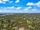 Wide aerial view of a tree-lined suburban community with distant ocean view marked by a green pin at 201 Eaglenook Way, Osprey, FL 34229