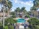 Beautiful aerial view of a community pool surrounded by palm trees and a covered cabana with lounge chairs at 3826 Virga Blvd, Sarasota, FL 34233