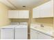 Laundry room features white cabinets, a utility sink, and white washer and dryer at 5308 88Th E St, Bradenton, FL 34211