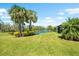 Lush green backyard with palm trees and a tranquil pond view, creating a serene outdoor oasis at 6912 Gosport Cv, Bradenton, FL 34202