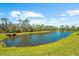 Scenic view of a tranquil pond surrounded by lush greenery and trees, creating a serene and natural landscape at 6912 Gosport Cv, Bradenton, FL 34202