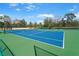 Brightly colored blue and green tennis court with net, benches, and green fence in a tropical community at 9847 Hawk Nest Ln, North Port, FL 34287