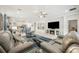 Inviting living room with a cozy fireplace, modern furnishings, and access to the kitchen at 10179 Milky Way Cir, Sarasota, FL 34241
