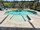 A private pool and hot tub in a screened-in enclosure surrounded by trees at 10179 Milky Way Cir, Sarasota, FL 34241