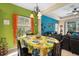 Inviting dining area featuring bright colors, a tropical-themed tablecloth, and seamless access to the living space at 11742 Forest Park Cir, Bradenton, FL 34211
